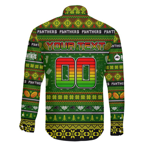 Personalized Panthers Rugby Xmas Family Matching Long Sleeve Bodycon Dress and Hawaiian Shirt Australia NRL Mascot