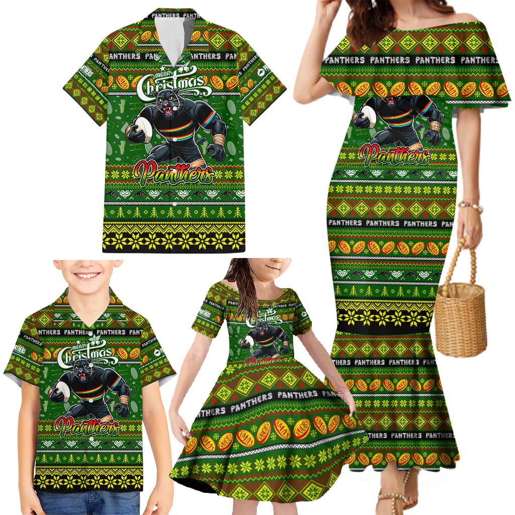 Personalized Panthers Rugby Xmas Family Matching Mermaid Dress and Hawaiian Shirt Australia NRL Mascot