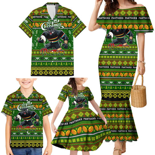 Personalized Panthers Rugby Xmas Family Matching Mermaid Dress and Hawaiian Shirt Australia NRL Mascot