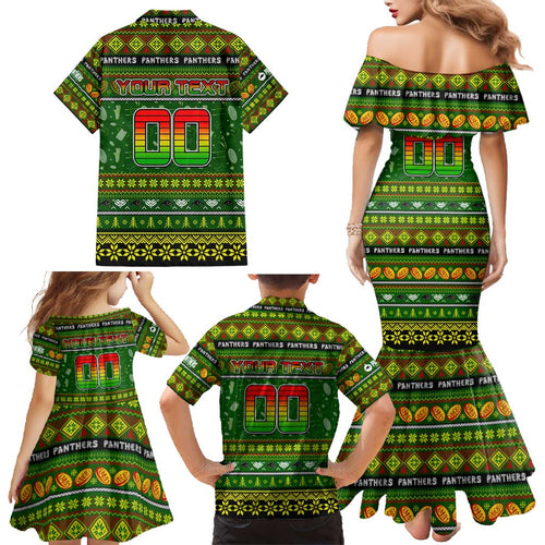 Personalized Panthers Rugby Xmas Family Matching Mermaid Dress and Hawaiian Shirt Australia NRL Mascot