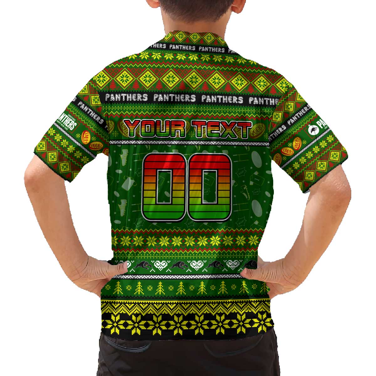 Personalized Panthers Rugby Xmas Family Matching Off The Shoulder Long Sleeve Dress and Hawaiian Shirt Australia NRL Mascot