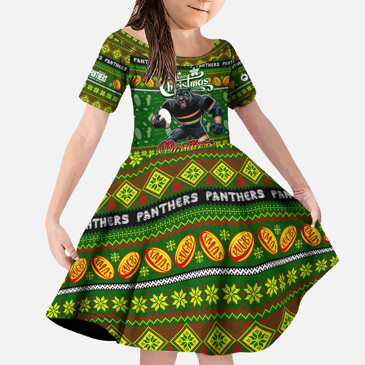 Personalized Panthers Rugby Xmas Family Matching Off The Shoulder Long Sleeve Dress and Hawaiian Shirt Australia NRL Mascot