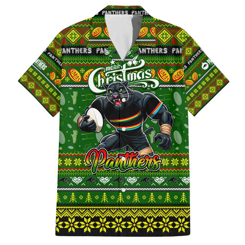 Personalized Panthers Rugby Xmas Family Matching Off The Shoulder Long Sleeve Dress and Hawaiian Shirt Australia NRL Mascot