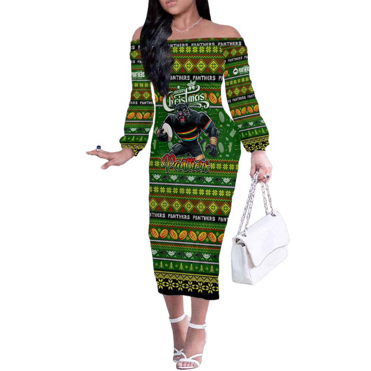 Personalized Panthers Rugby Xmas Family Matching Off The Shoulder Long Sleeve Dress and Hawaiian Shirt Australia NRL Mascot