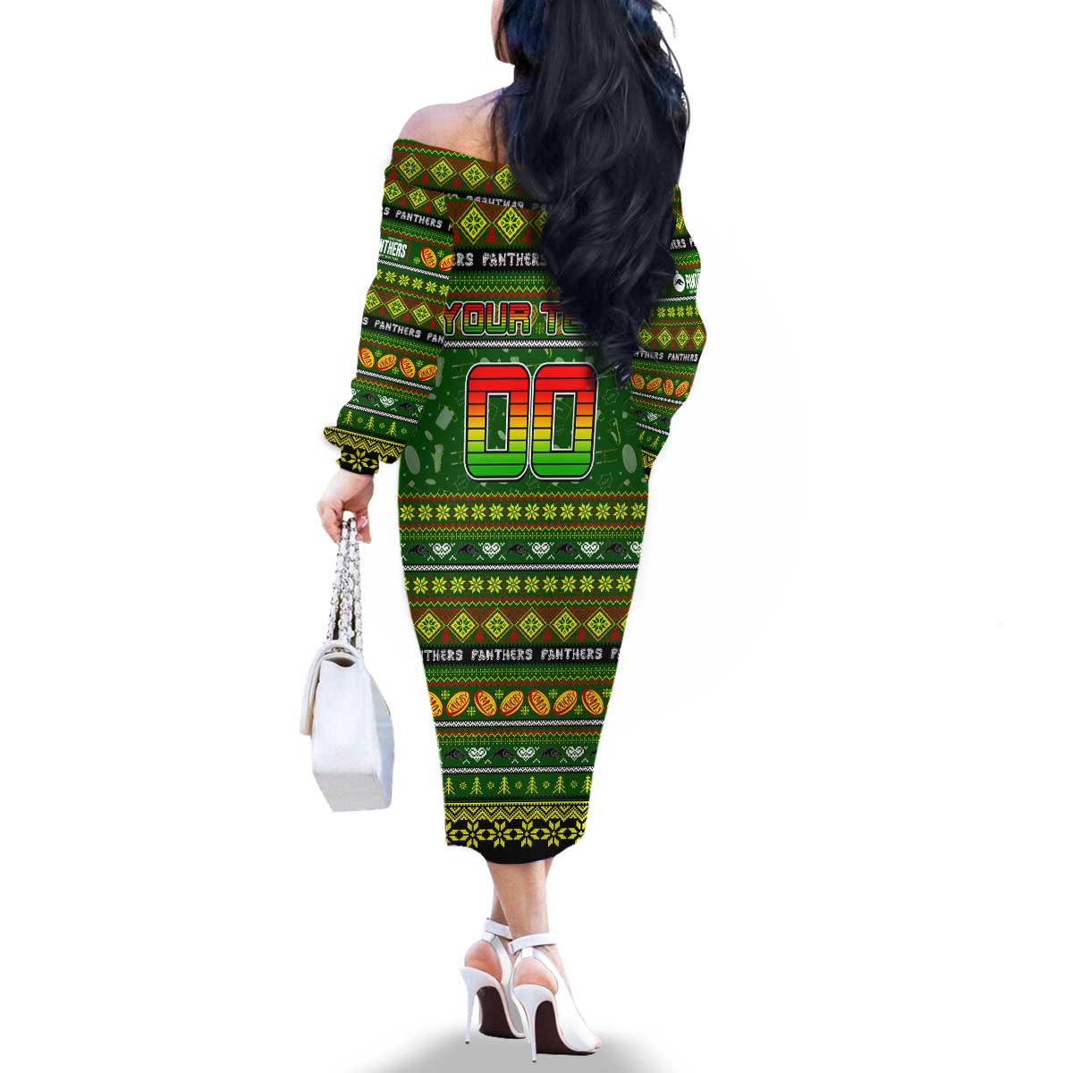 Personalized Panthers Rugby Xmas Family Matching Off The Shoulder Long Sleeve Dress and Hawaiian Shirt Australia NRL Mascot