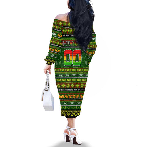 Personalized Panthers Rugby Xmas Family Matching Off The Shoulder Long Sleeve Dress and Hawaiian Shirt Australia NRL Mascot