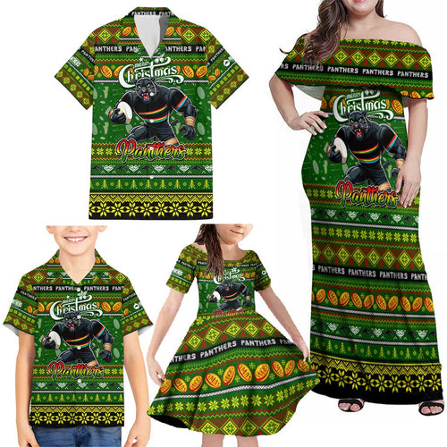Personalized Panthers Rugby Xmas Family Matching Off Shoulder Maxi Dress and Hawaiian Shirt Australia NRL Mascot