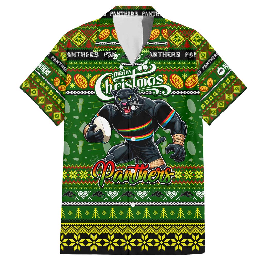 Personalized Panthers Rugby Xmas Family Matching Off Shoulder Maxi Dress and Hawaiian Shirt Australia NRL Mascot