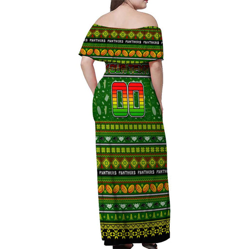 Personalized Panthers Rugby Xmas Family Matching Off Shoulder Maxi Dress and Hawaiian Shirt Australia NRL Mascot
