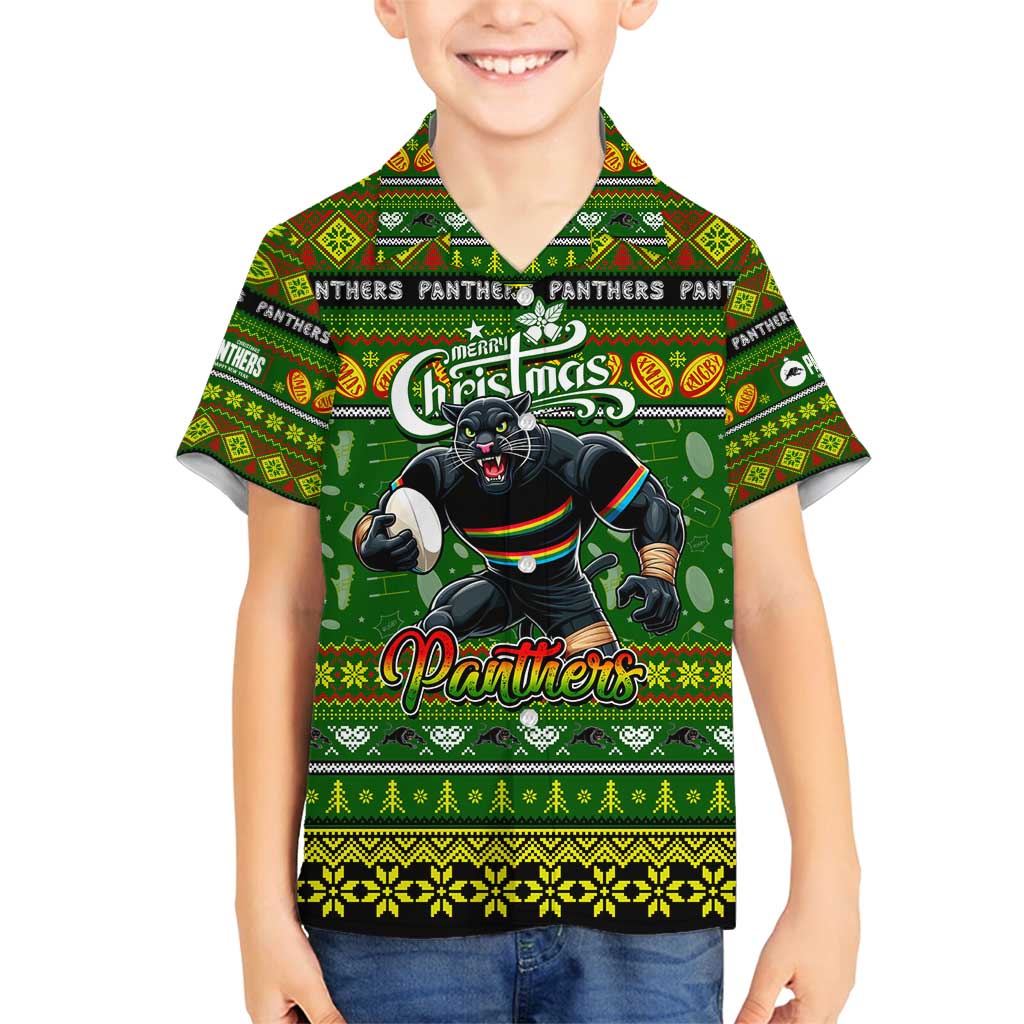 Personalized Panthers Rugby Xmas Family Matching Off Shoulder Maxi Dress and Hawaiian Shirt Australia NRL Mascot