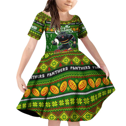Personalized Panthers Rugby Xmas Family Matching Off Shoulder Short Dress and Hawaiian Shirt Australia NRL Mascot