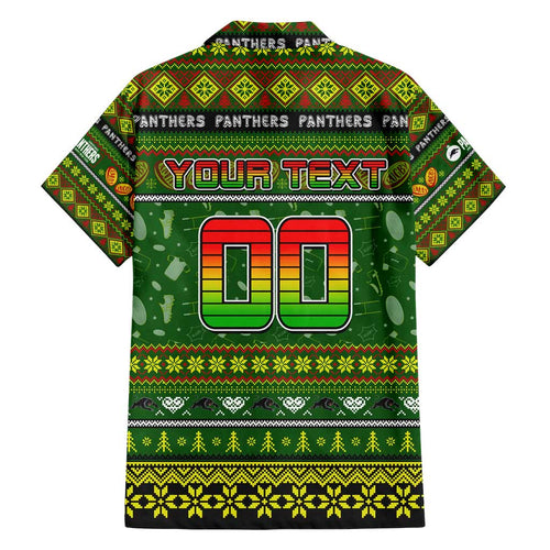 Personalized Panthers Rugby Xmas Family Matching Off Shoulder Short Dress and Hawaiian Shirt Australia NRL Mascot