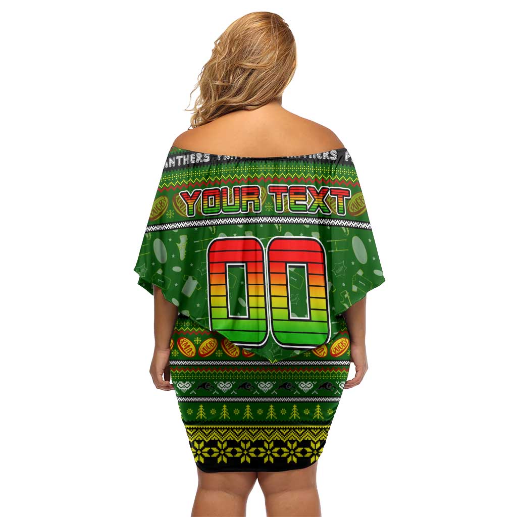 Personalized Panthers Rugby Xmas Family Matching Off Shoulder Short Dress and Hawaiian Shirt Australia NRL Mascot
