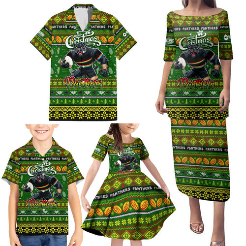 Personalized Panthers Rugby Xmas Family Matching Puletasi and Hawaiian Shirt Australia NRL Mascot