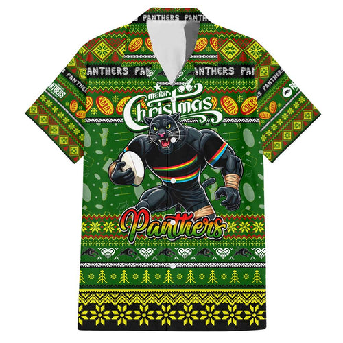 Personalized Panthers Rugby Xmas Family Matching Short Sleeve Bodycon Dress and Hawaiian Shirt Australia NRL Mascot