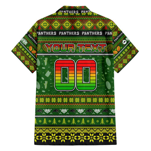 Personalized Panthers Rugby Xmas Family Matching Short Sleeve Bodycon Dress and Hawaiian Shirt Australia NRL Mascot