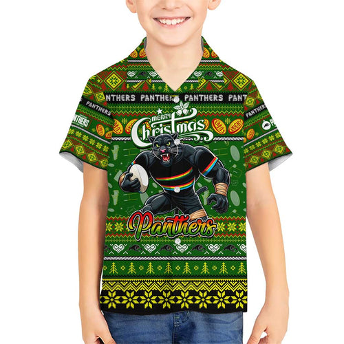 Personalized Panthers Rugby Xmas Family Matching Short Sleeve Bodycon Dress and Hawaiian Shirt Australia NRL Mascot