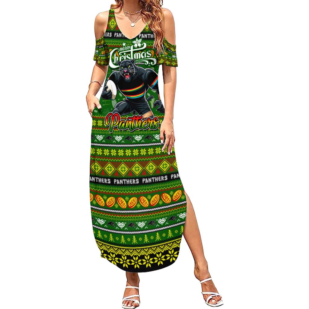 Personalized Panthers Rugby Xmas Family Matching Summer Maxi Dress and Hawaiian Shirt Australia NRL Mascot