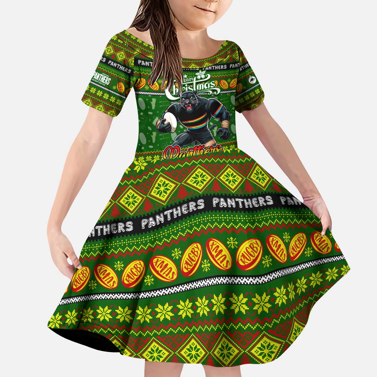 Personalized Panthers Rugby Xmas Kid Short Sleeve Dress Australia NRL Mascot