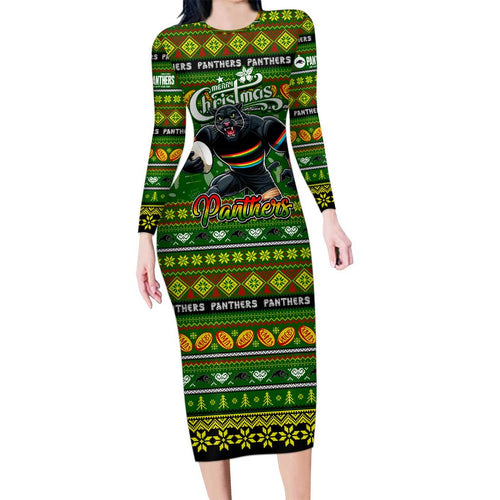 Personalized Panthers Rugby Xmas Long Sleeve Bodycon Dress Australia NRL Mascot