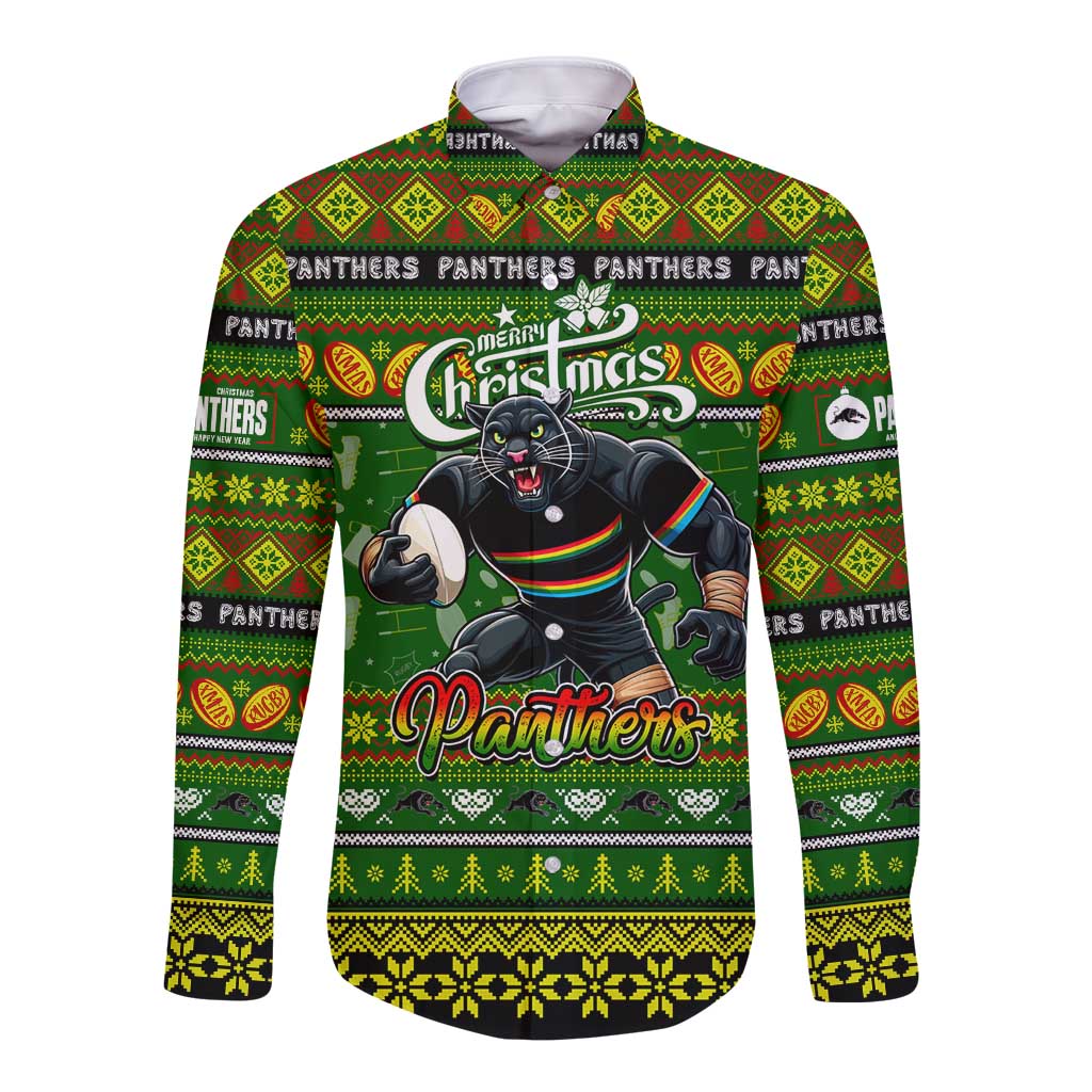 Personalized Panthers Rugby Xmas Long Sleeve Button Shirt Australia NRL Mascot