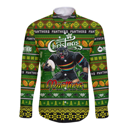 Personalized Panthers Rugby Xmas Long Sleeve Button Shirt Australia NRL Mascot