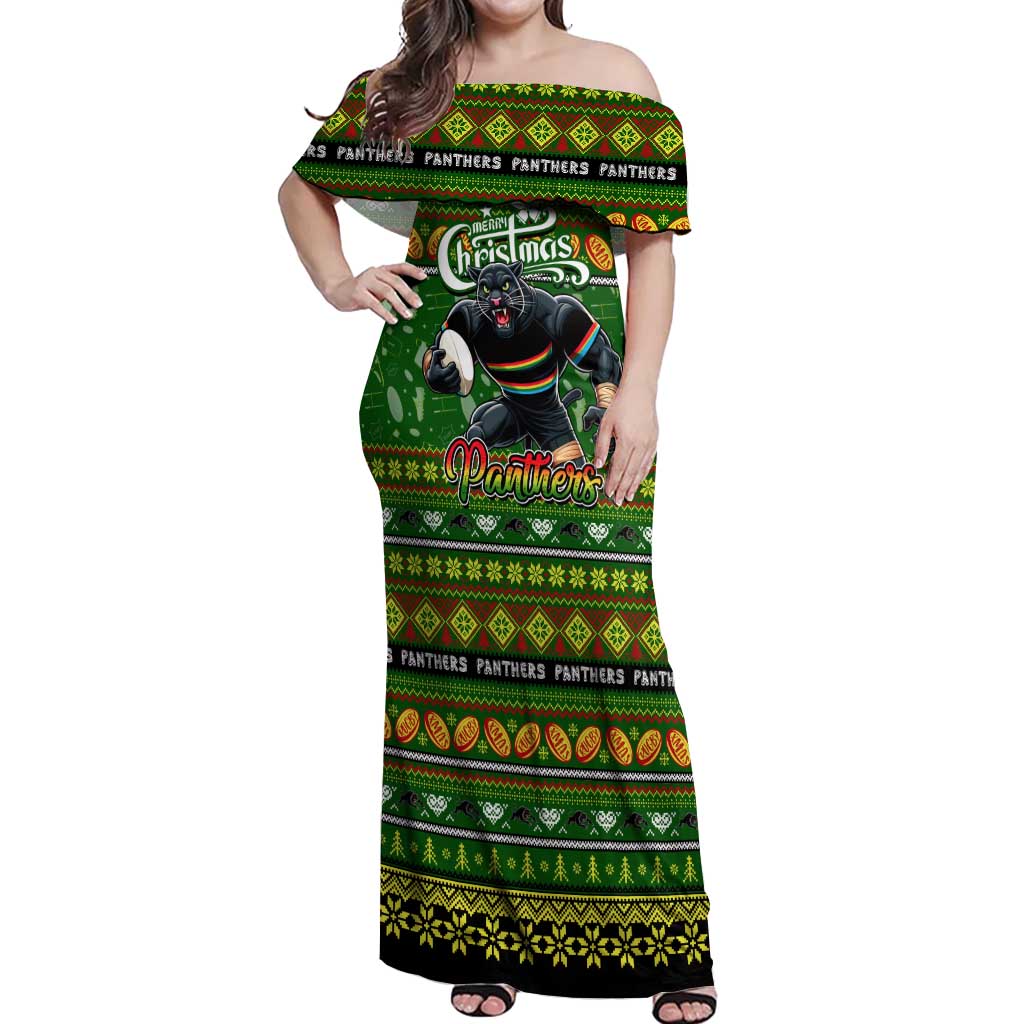 Personalized Panthers Rugby Xmas Off Shoulder Maxi Dress Australia NRL Mascot