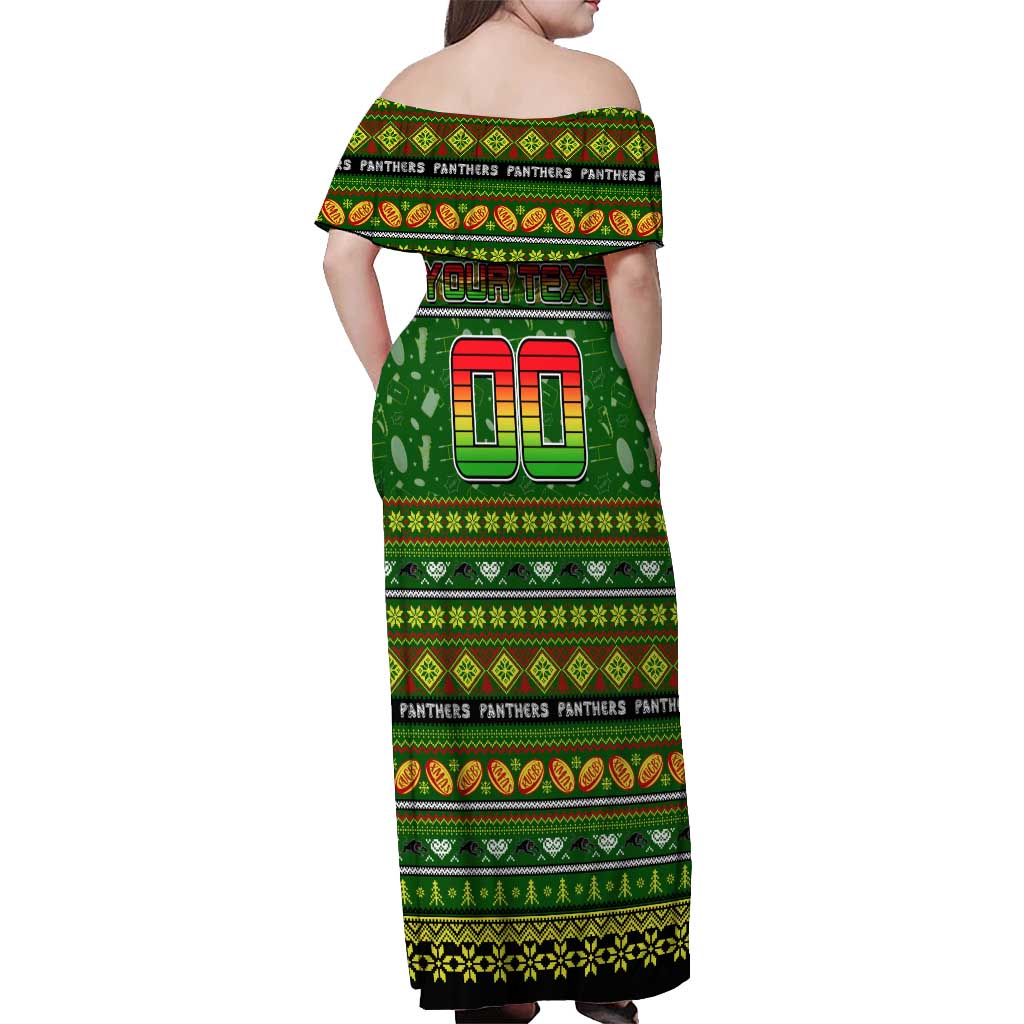 Personalized Panthers Rugby Xmas Off Shoulder Maxi Dress Australia NRL Mascot