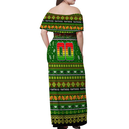 Personalized Panthers Rugby Xmas Off Shoulder Maxi Dress Australia NRL Mascot