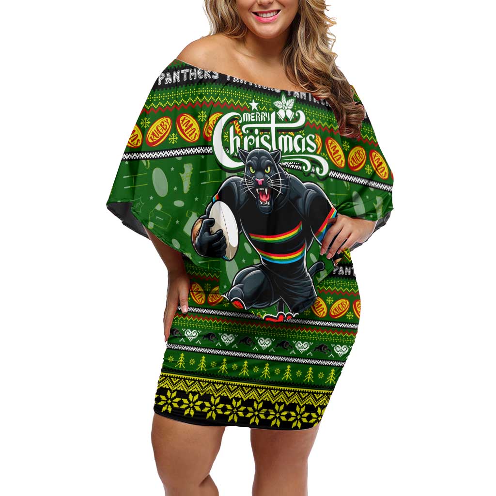 Personalized Panthers Rugby Xmas Off Shoulder Short Dress Australia NRL Mascot