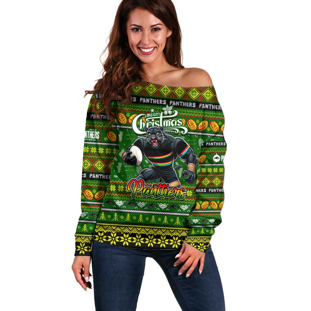 Personalized Panthers Rugby Xmas Off Shoulder Sweater Australia NRL Mascot