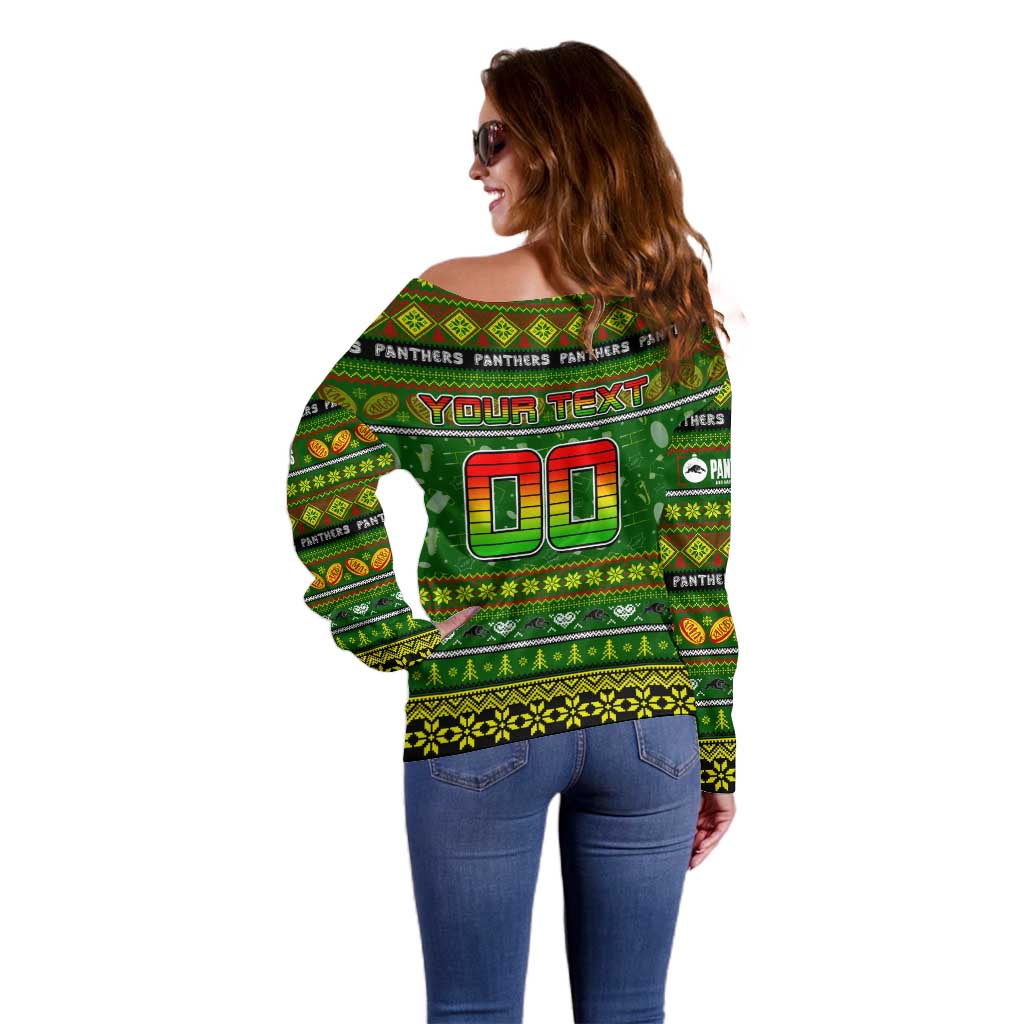 Personalized Panthers Rugby Xmas Off Shoulder Sweater Australia NRL Mascot