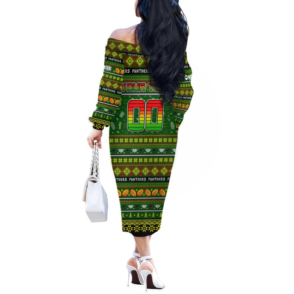Personalized Panthers Rugby Xmas Off The Shoulder Long Sleeve Dress Australia NRL Mascot