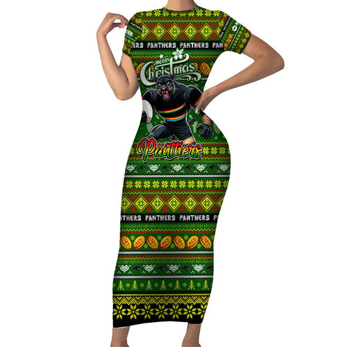 Personalized Panthers Rugby Xmas Short Sleeve Bodycon Dress Australia NRL Mascot
