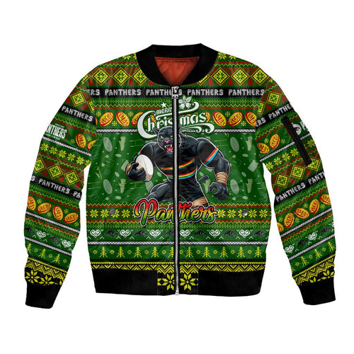 Personalized Panthers Rugby Xmas Sleeve Zip Bomber Jacket Australia NRL Mascot