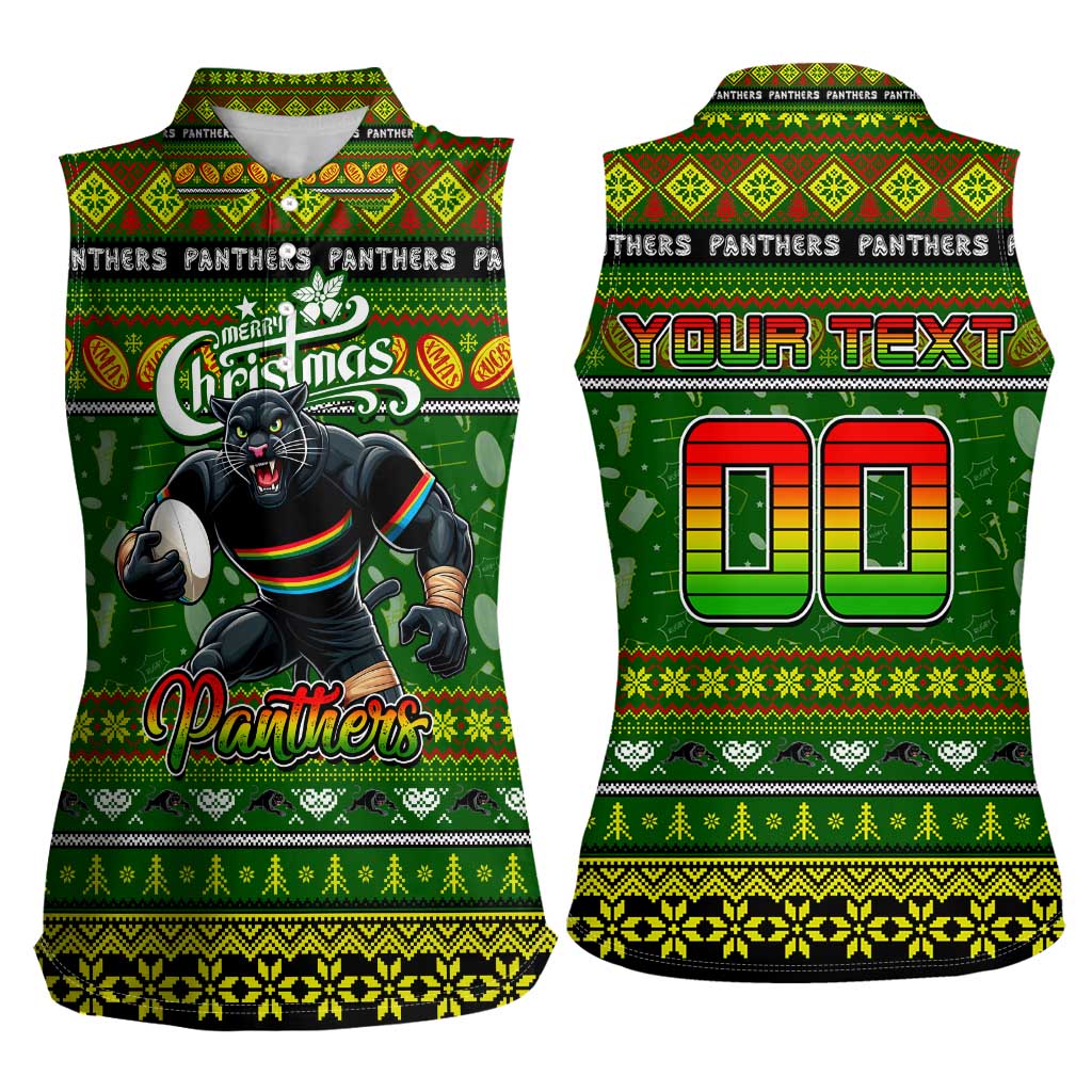 Personalized Panthers Rugby Xmas Women Sleeveless Polo Shirt Australia NRL Mascot