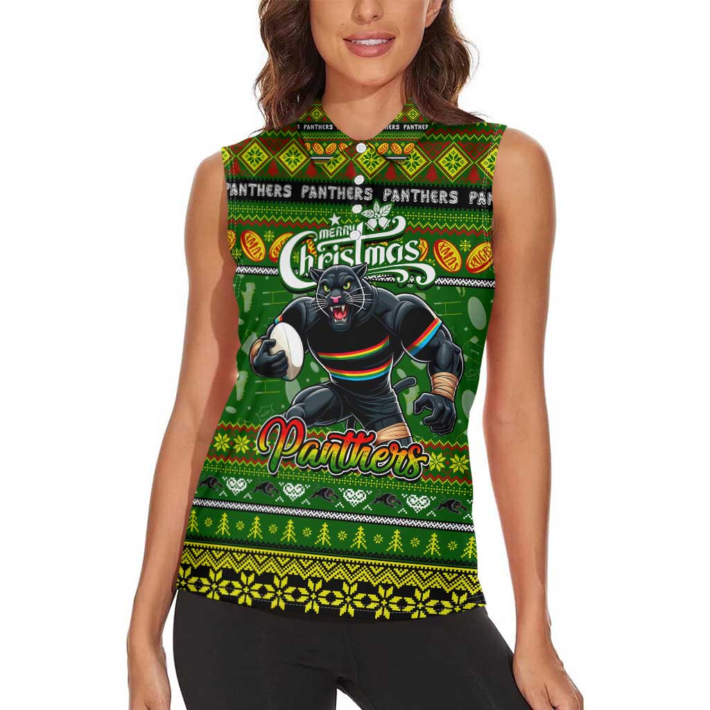 Personalized Panthers Rugby Xmas Women Sleeveless Polo Shirt Australia NRL Mascot