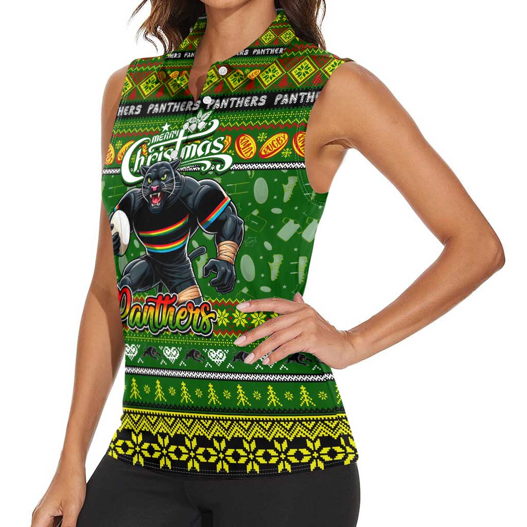 Personalized Panthers Rugby Xmas Women Sleeveless Polo Shirt Australia NRL Mascot