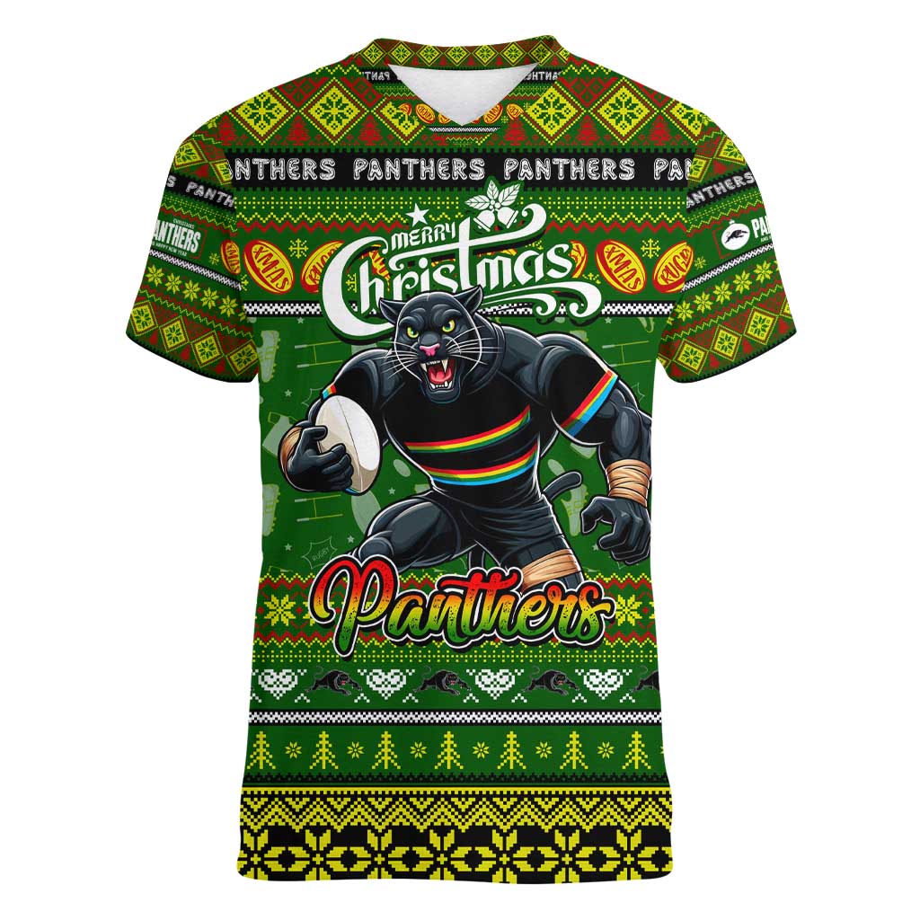 Personalized Panthers Rugby Xmas Women V-Neck T-Shirt Australia NRL Mascot