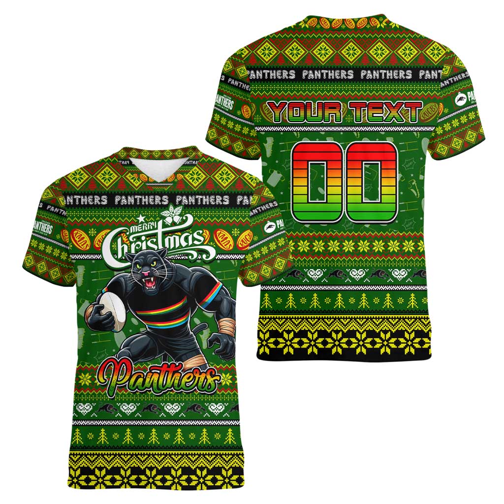 Personalized Panthers Rugby Xmas Women V-Neck T-Shirt Australia NRL Mascot