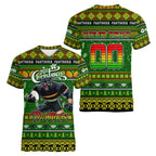 Personalized Panthers Rugby Xmas Women V-Neck T-Shirt Australia NRL Mascot