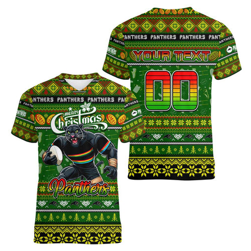Personalized Panthers Rugby Xmas Women V-Neck T-Shirt Australia NRL Mascot
