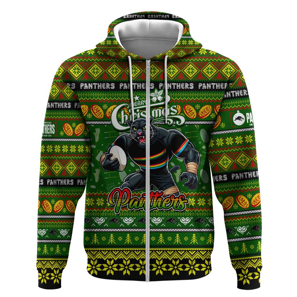 Personalized Panthers Rugby Xmas Zip Hoodie Australia NRL Mascot