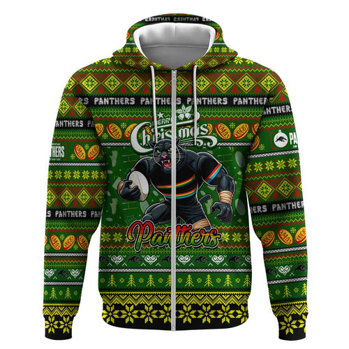 Personalized Panthers Rugby Xmas Zip Hoodie Australia NRL Mascot