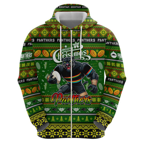 Personalized Panthers Rugby Xmas Zip Hoodie Australia NRL Mascot