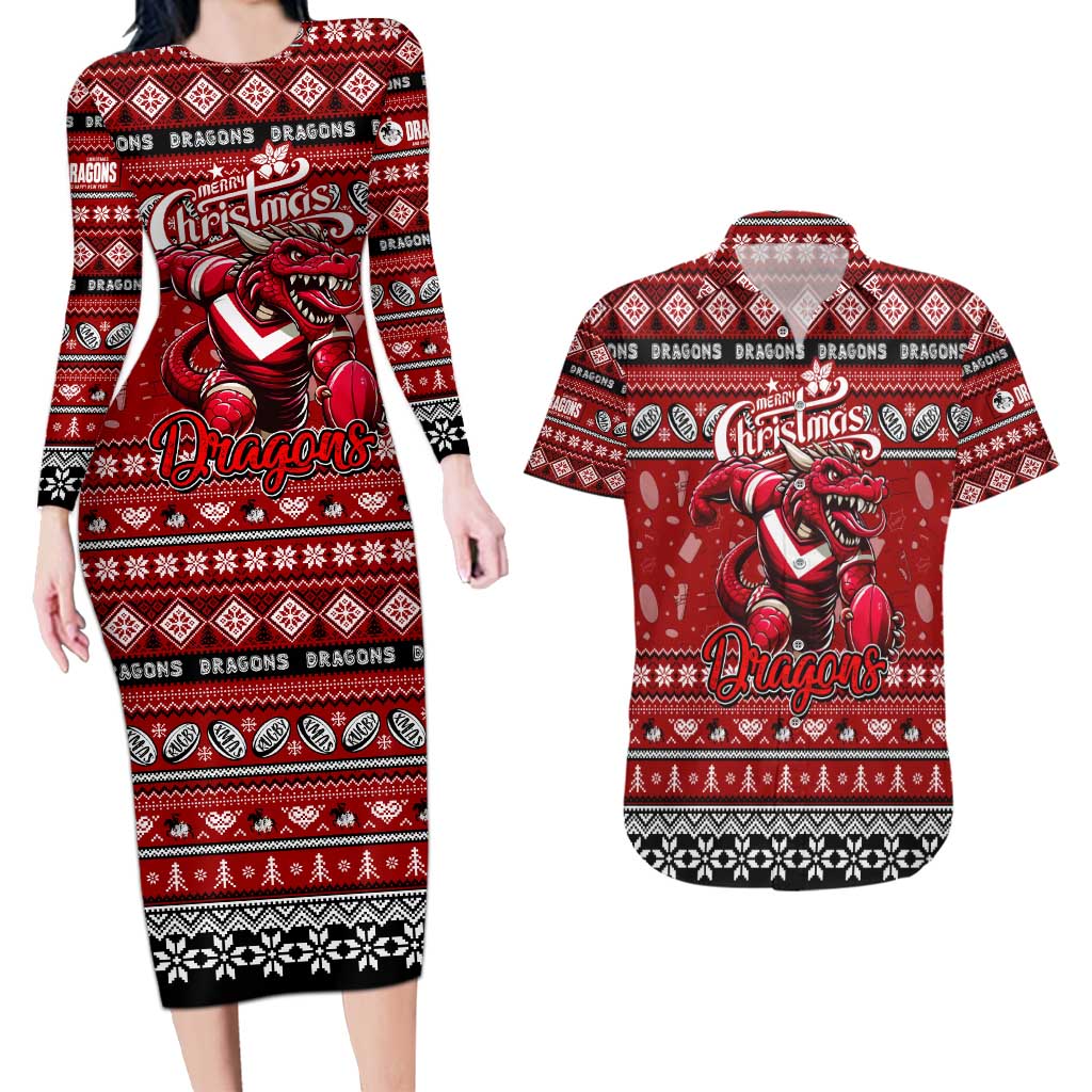 Personalized Dragons Rugby Xmas Couples Matching Long Sleeve Bodycon Dress and Hawaiian Shirt Australia NRL Mascot