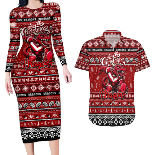 Personalized Dragons Rugby Xmas Couples Matching Long Sleeve Bodycon Dress and Hawaiian Shirt Australia NRL Mascot