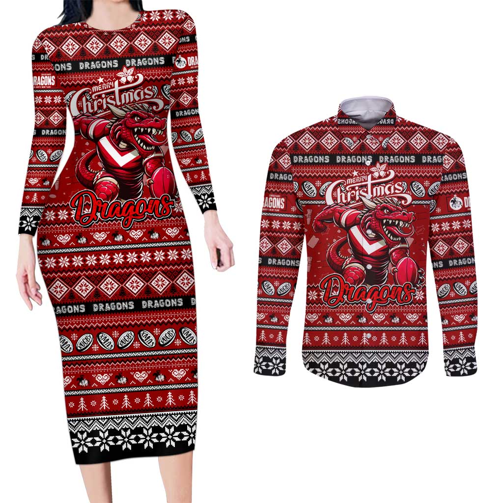 Personalized Dragons Rugby Xmas Couples Matching Long Sleeve Bodycon Dress and Long Sleeve Button Shirt Australia NRL Mascot