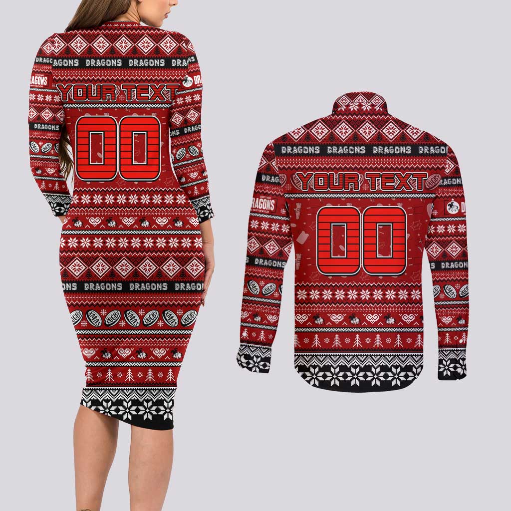 Personalized Dragons Rugby Xmas Couples Matching Long Sleeve Bodycon Dress and Long Sleeve Button Shirt Australia NRL Mascot