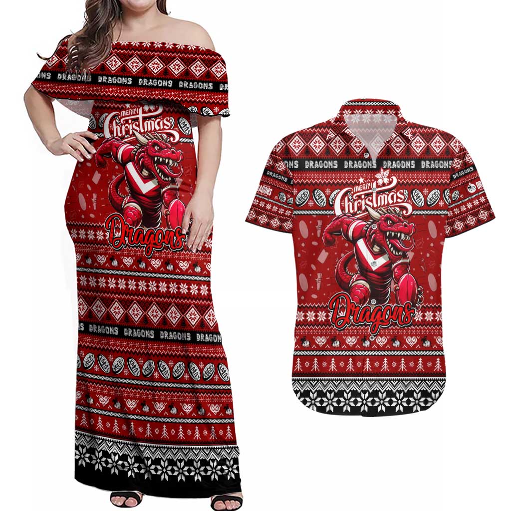 Personalized Dragons Rugby Xmas Couples Matching Off Shoulder Maxi Dress and Hawaiian Shirt Australia NRL Mascot